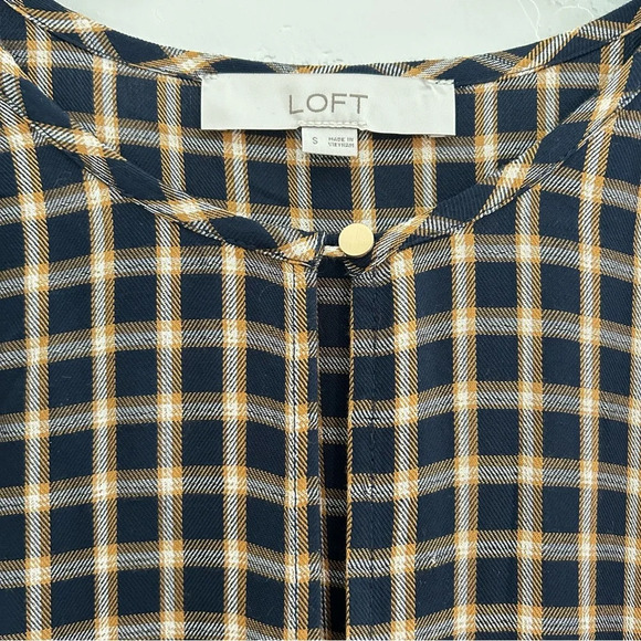 NWOT Loft Navy and Mustard Plaid Tiered Midi Dress Gold Accents Size Small Fall - Picture 3 of 9